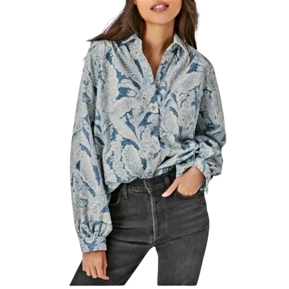 Anthropologie Pilcro Button Front Shirt Womens M, Blue Paisley Corduroy Cream